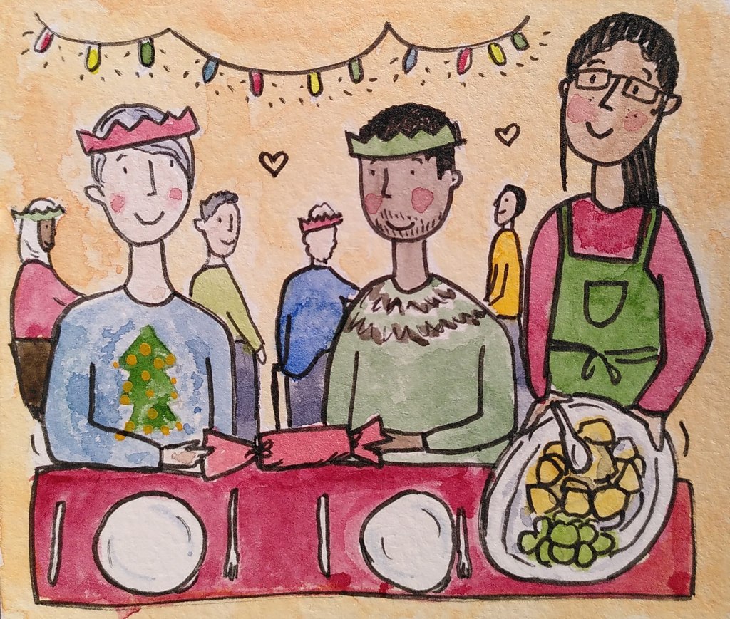 A pen and watercolour illustration of a group of people enjoying a festive community lunch. Two people in the foreground are wearing party crowns and pulling a cracker, and another person is serving them potatoes and brussels sprouts