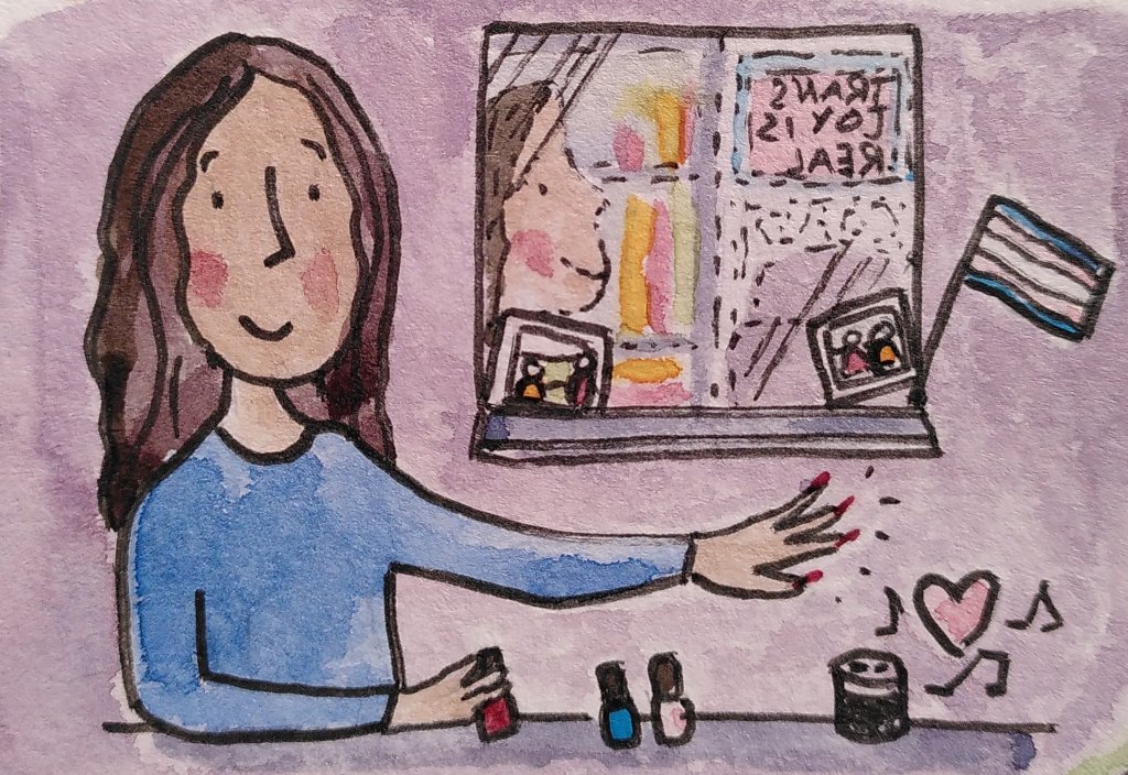 A pen and watercolour illustration of a femme person painting their fingernails and listening to music. They are sitting by a mirror decorated with a trans pride flag and photos of friends.