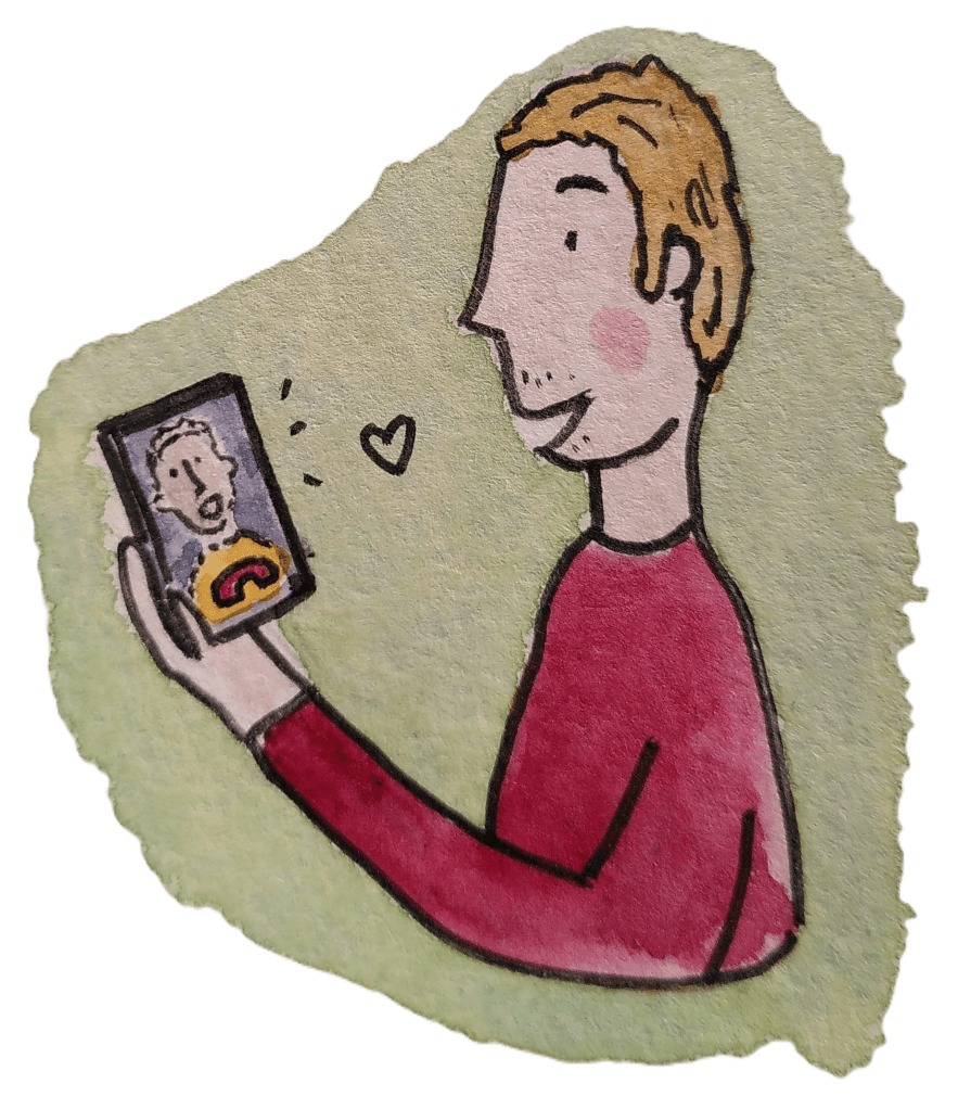 A pen and watercolour illustration of a masc person talking to a friend over videocall on a phone.